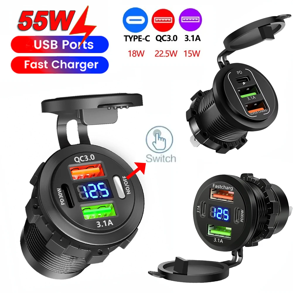 Carregador de telefone para carro com tomada usb 55w qc3.0 e pd 3/4 portas usb c soquete com voltímetro interruptor de toque para carro barco caminhão marinho rv