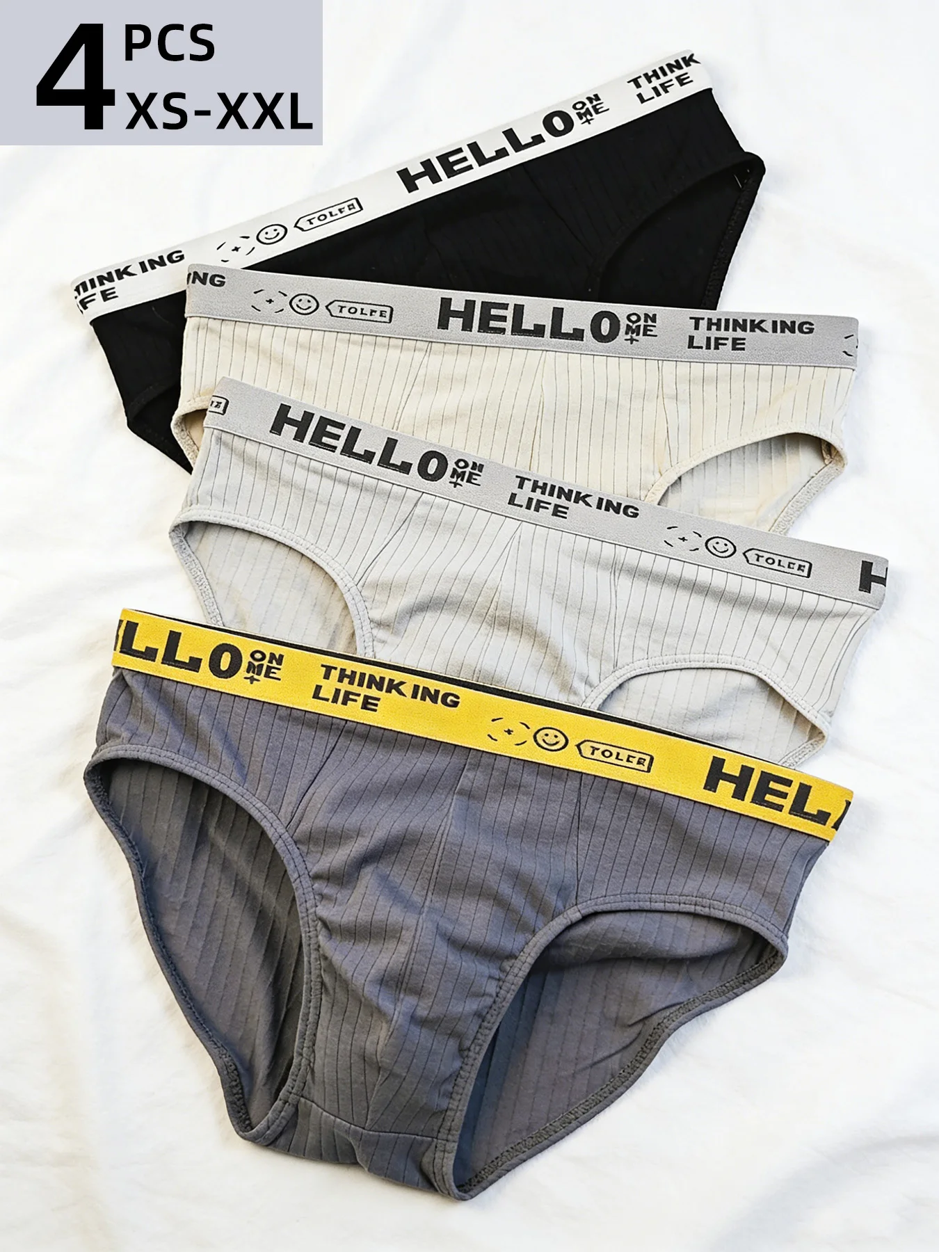 

4Pcs Men's Cotton Briefs HELLO Smiley Waistband Ribbed Texture Breathable Young Men Panties XS-XXL Streetwear