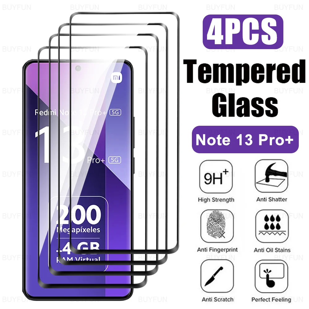 4Pcs Full Cover Curved Tempered Glass Case For Xiaomi Redmi Note 13 Pro+ Note13 Pro Plus Note13Pro+ ProPlus 5G Screen Protectors