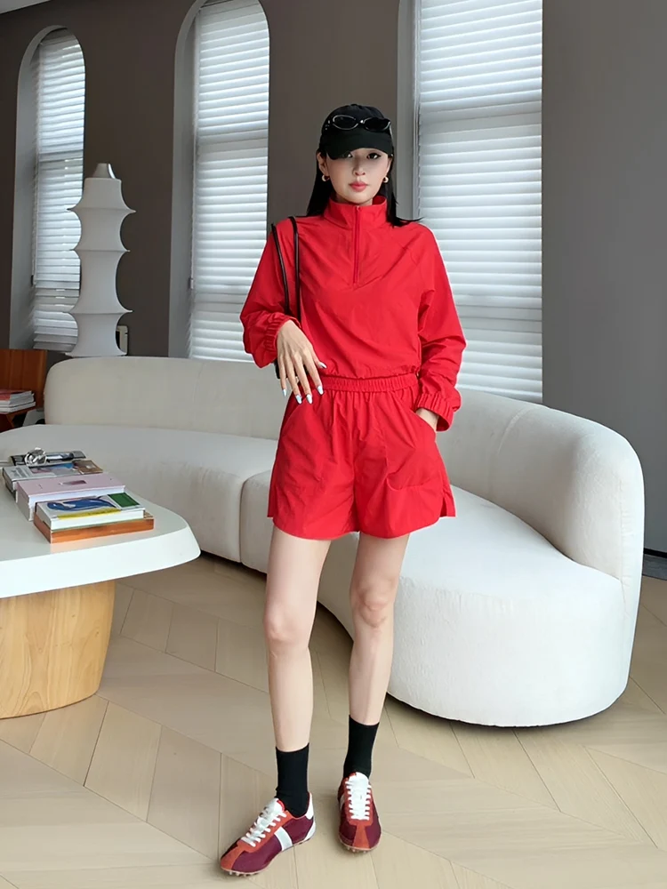 

Le Samedi Neon Eco-friendly Taffeta Set Women Summer Sun Protection Waterproof Hoodie Shorts Fashion Casual Style High Waist