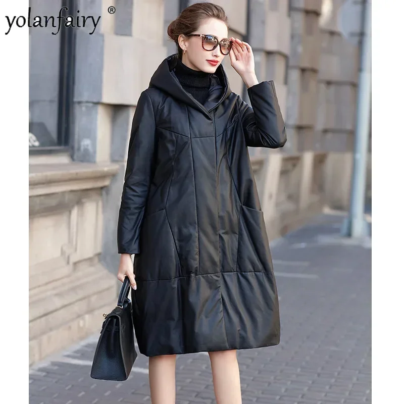 2023 Winter New Natural Sheepskin Coat for Women Loose Genuine Leather Down Jacket Women's White Duck Down Hooded Long Coats FCY