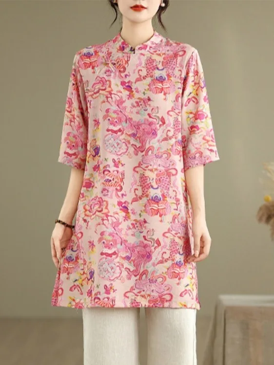 

New Chinese Sle Long Sve Button up irt Women's plus Size Crew Ne f Sve Cotton Polyester Summer Top