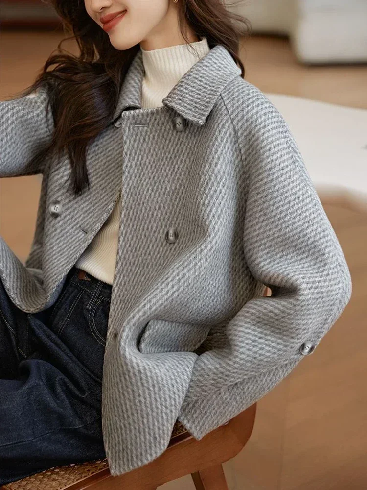 Chaqueta informal de Tweed para mujer, abrigo ajustado de color liso con cuello tipo Polo, Estilo Vintage, otoño e invierno, 2024