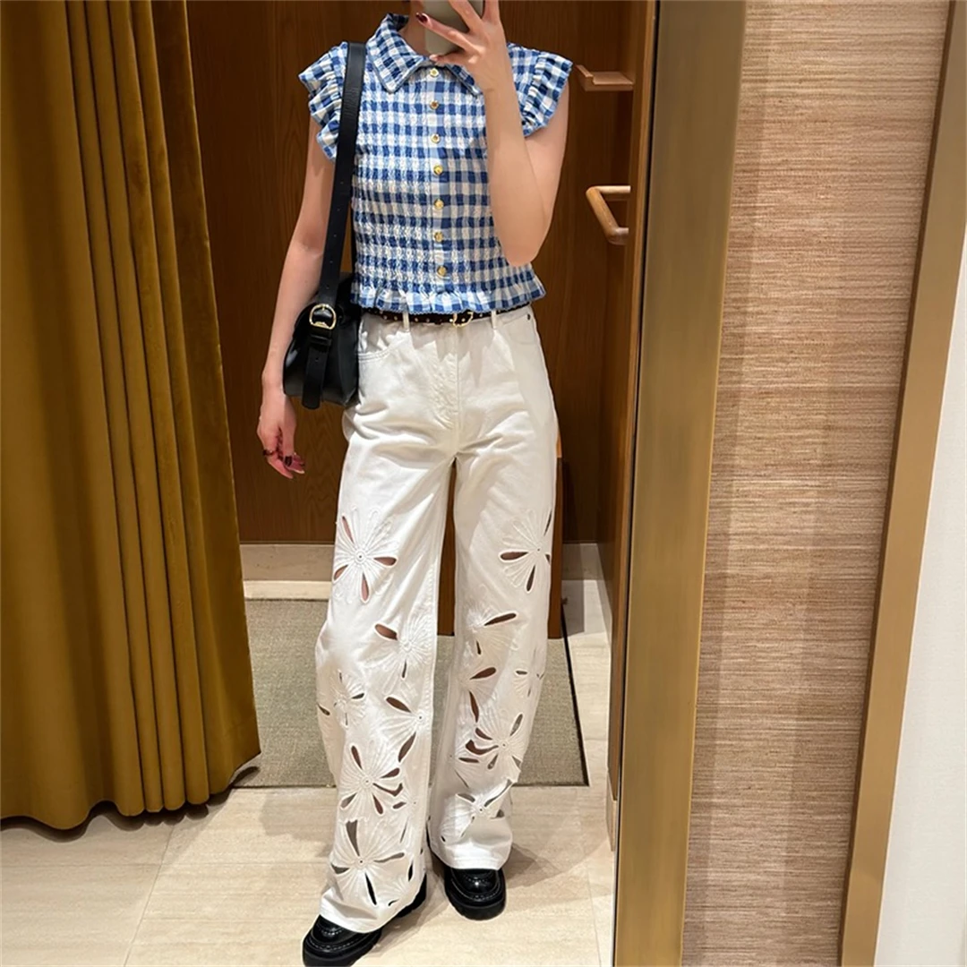 

High Waist Hollow out Embroidered Denim Casual Pants Straight Leg White Cotton Spring 2026 Fashion Ladies Girls Straight Leg ...