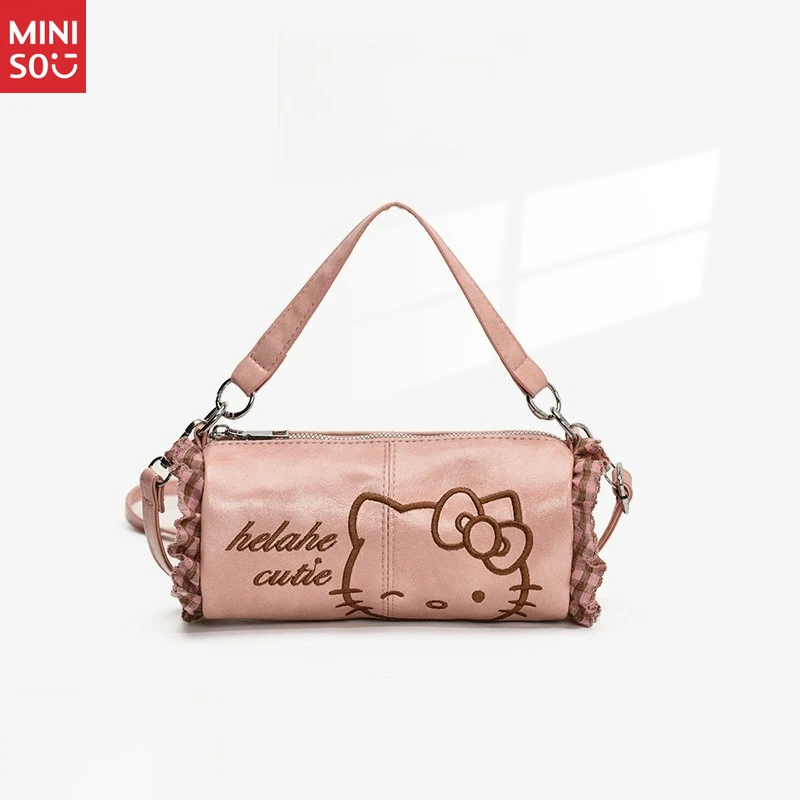 Miniso Embroidered Hello Kitty Handbag, Vintage Lace Trim Crossbody Shoulder Bag for Women