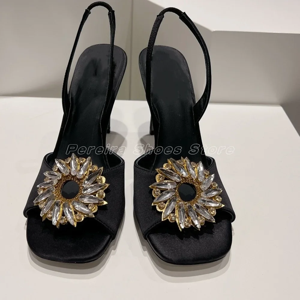 Blue Glittering Rhinestone Flower Sandals Stiletto Open Toe Sexy Ladies Dress Party Shoes 2024 Women Shoes New Trend