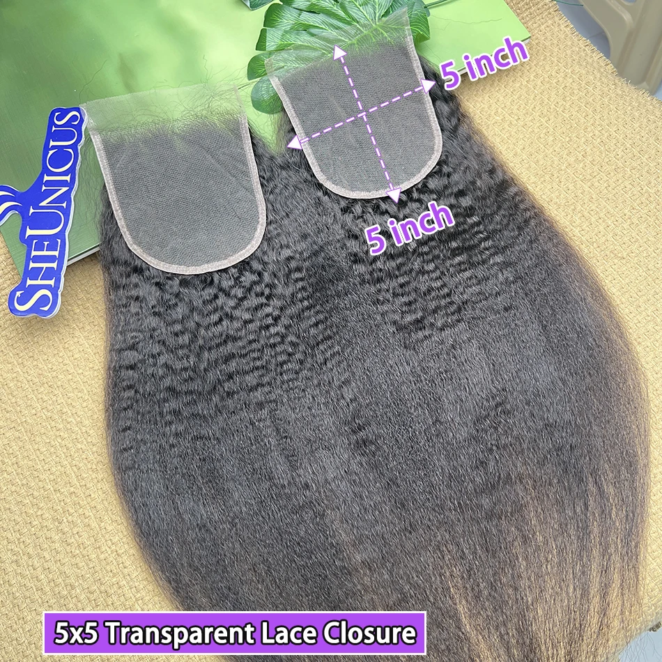 5x5 Transparent Lace Closure Kinky Straight Human Hair #1B Natural Black Color Preplucked Bleached Knots Lace Raw Virgin Hair