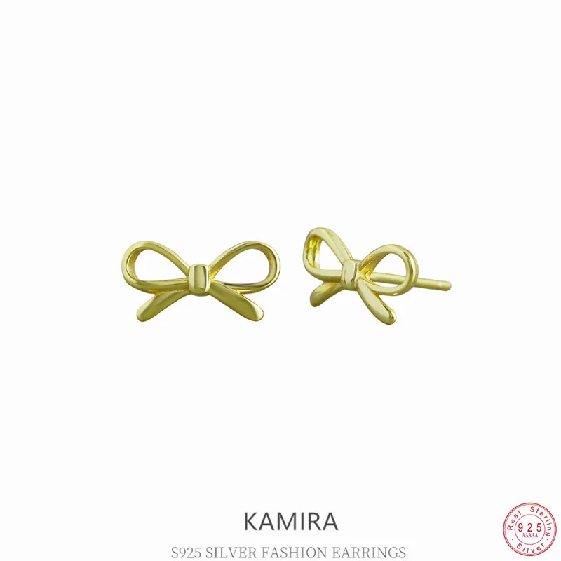 KAMIRA 925 Sterling Silver Elegant Simple Bow Stud Earrings for Women Party Fashion Temperament Design Exquisite Jewelry Gifts