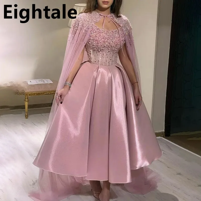 Eightale Princess Tea Length Pink Evening Dresses With Cape Off Shoulder Beaded Prom Dresses Dubai Formal Party Gown Customized