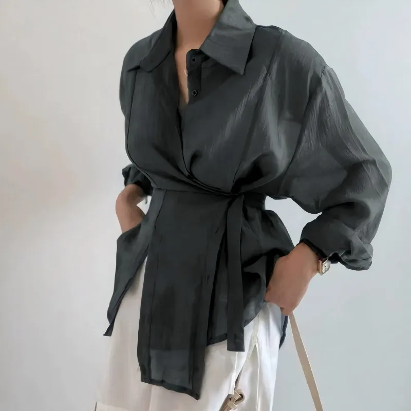 フランス製高級ライトラグジュアリーシャツ、面接用韓国版長袖薄手プロフェッショナル女性用サマーシャツ