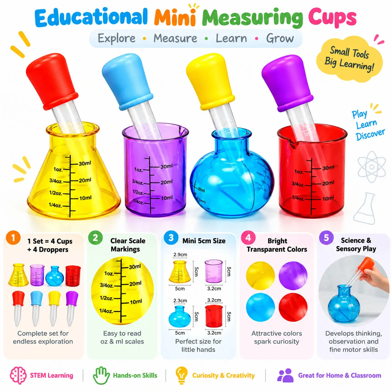 1 Set Educational Mini Measuring Cups - 4 Colored Plastic Cups, Science Experiment & Sensory DIY Teaching Aid