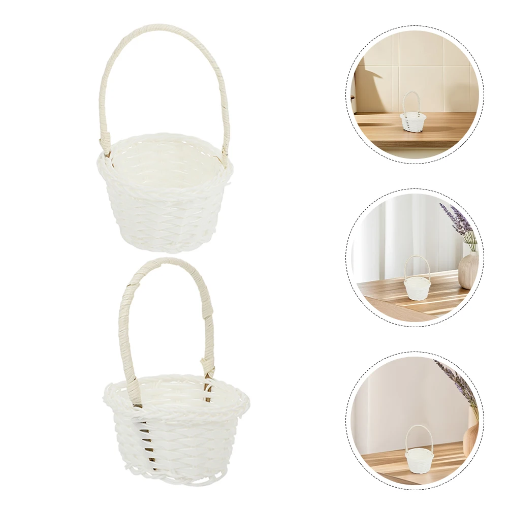 

4pcs Cute Mini Woven Baskets s Picking Flower Fruit Vegetable Storage Basket Portable Handle White Plastic Small Organizing