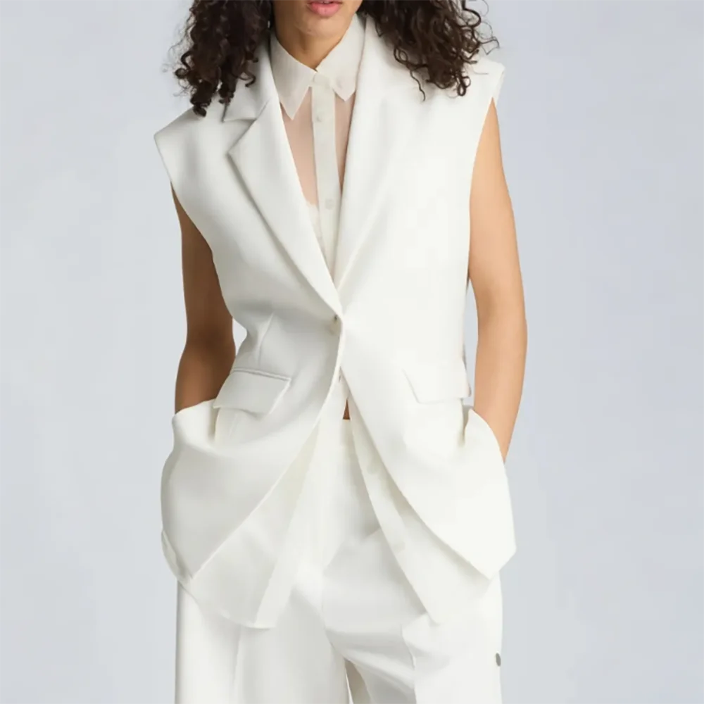 Modern Women Ivory Sleeveless Pants Suit Black Side Buttons Office Business Set Casual Single Button Female Streetwear