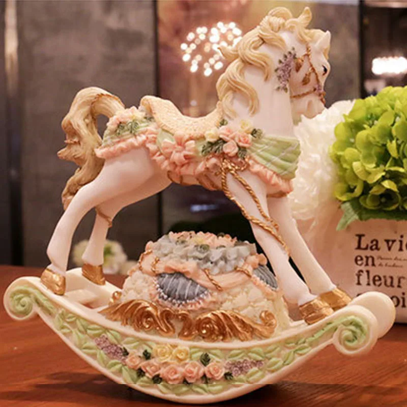 Resin Rocking Horse Music Box Clockwork Driven Creativity Desktop Ornament Birthday Gift Living Room Bedroom Home Decoration