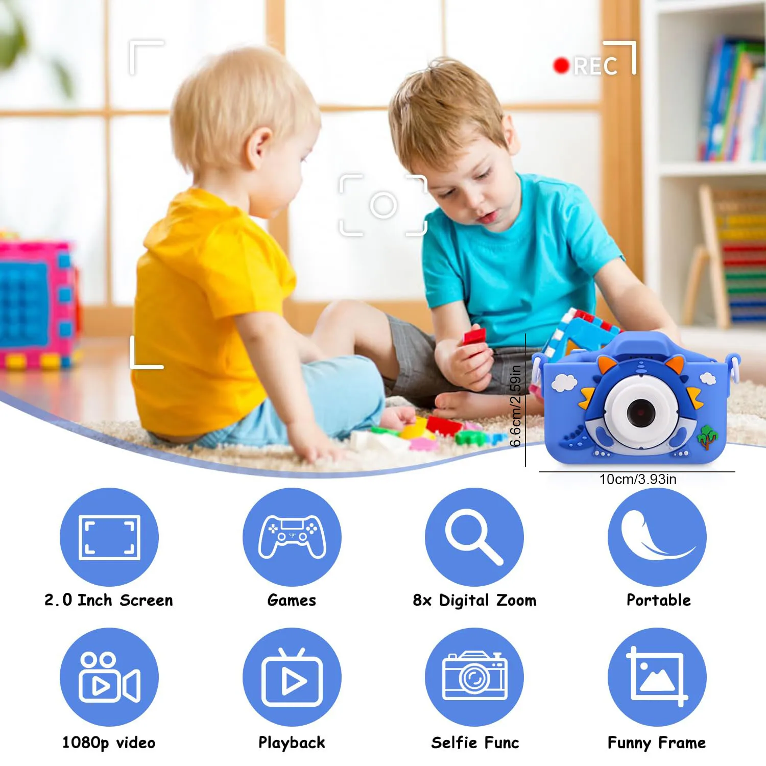 Câmera infantil com câmeras dianteiras e traseiras duplas 48MP 1080p HD câmeras dianteiras e traseiras duplas, cinco jogos educativos Natal, Hallo