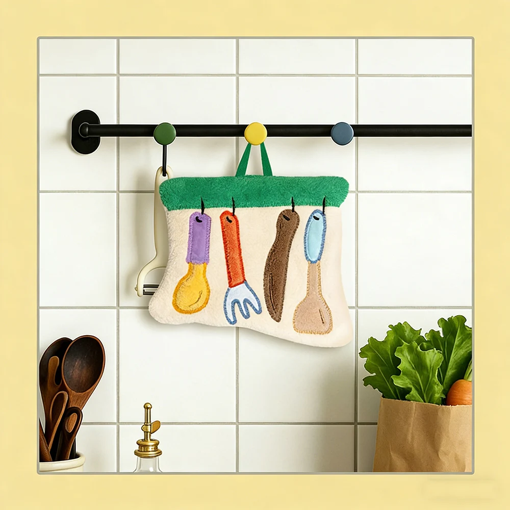 Hanging Kitchen Hand Towel Quick Dry Coral Fleece Handkerchief with Lovely Kitchenware Patterns, Thickened Cartoon Towel Cloth