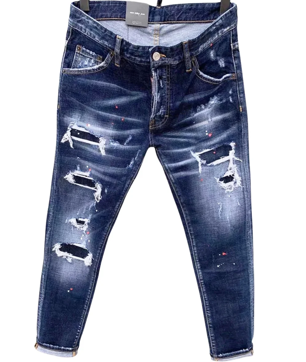 2024 Men's classic biker jeans featuring a washed, distressed, and painted finish.