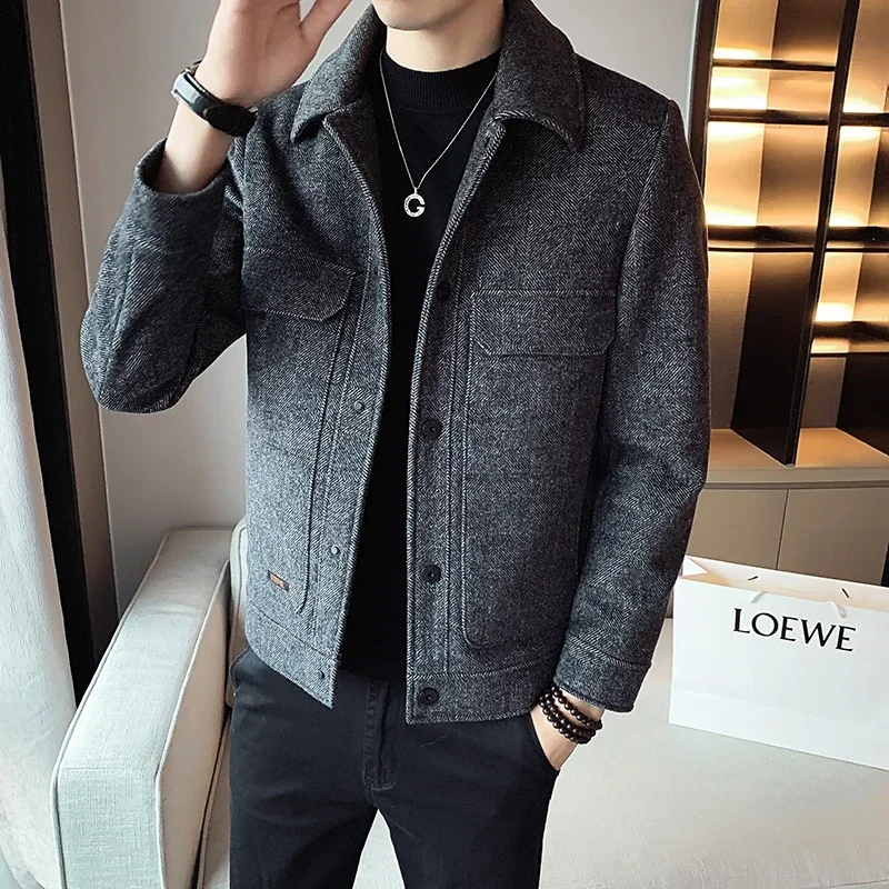 

Men 2024 Autumn Winter Fashion Lapel Jackets Men's Slim Short Blends Coats Male Casual Warm Clothes Overcoats