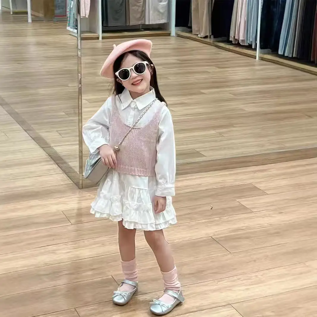 

Girls' Dress Set Autumn New Style Small Fragrant Children's Pink Knitted Tank Top+White Lace Shirt Skirt Two-piece Set 90-140CM