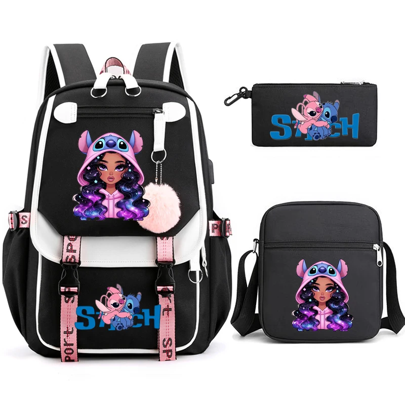 Lilo & Stitch plecaki 3 szt. Patchwork pojemność USB wodoodporne kobiety mężczyźni torby szkolne na laptopa nastolatki podróż Mochilas