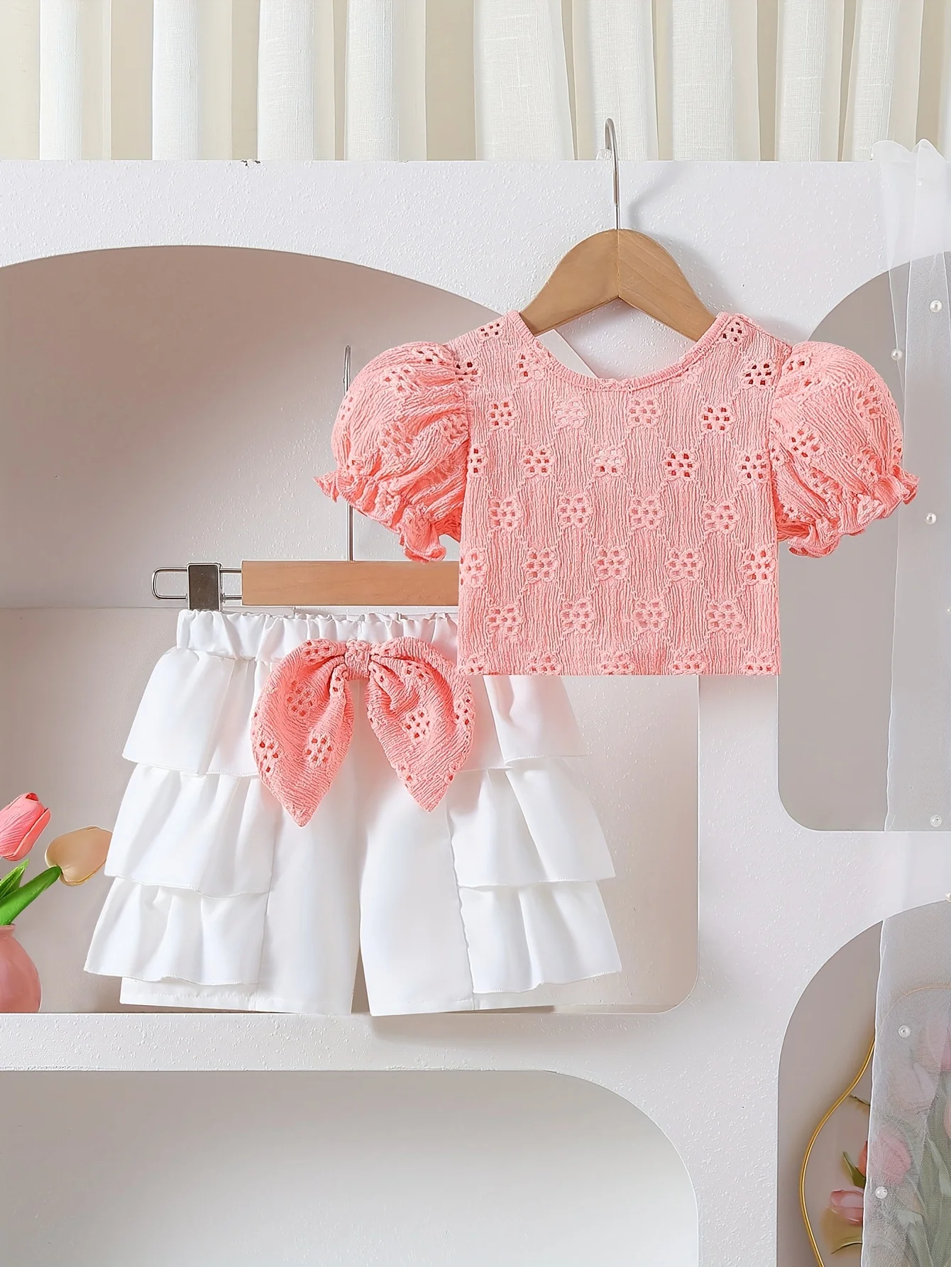 

Baby Girl Two-Piece Set: Eyelet Puff Sleeve Top + White Tiered Shorts + Bow - Valentine's/Baby Girl Birthday Gift