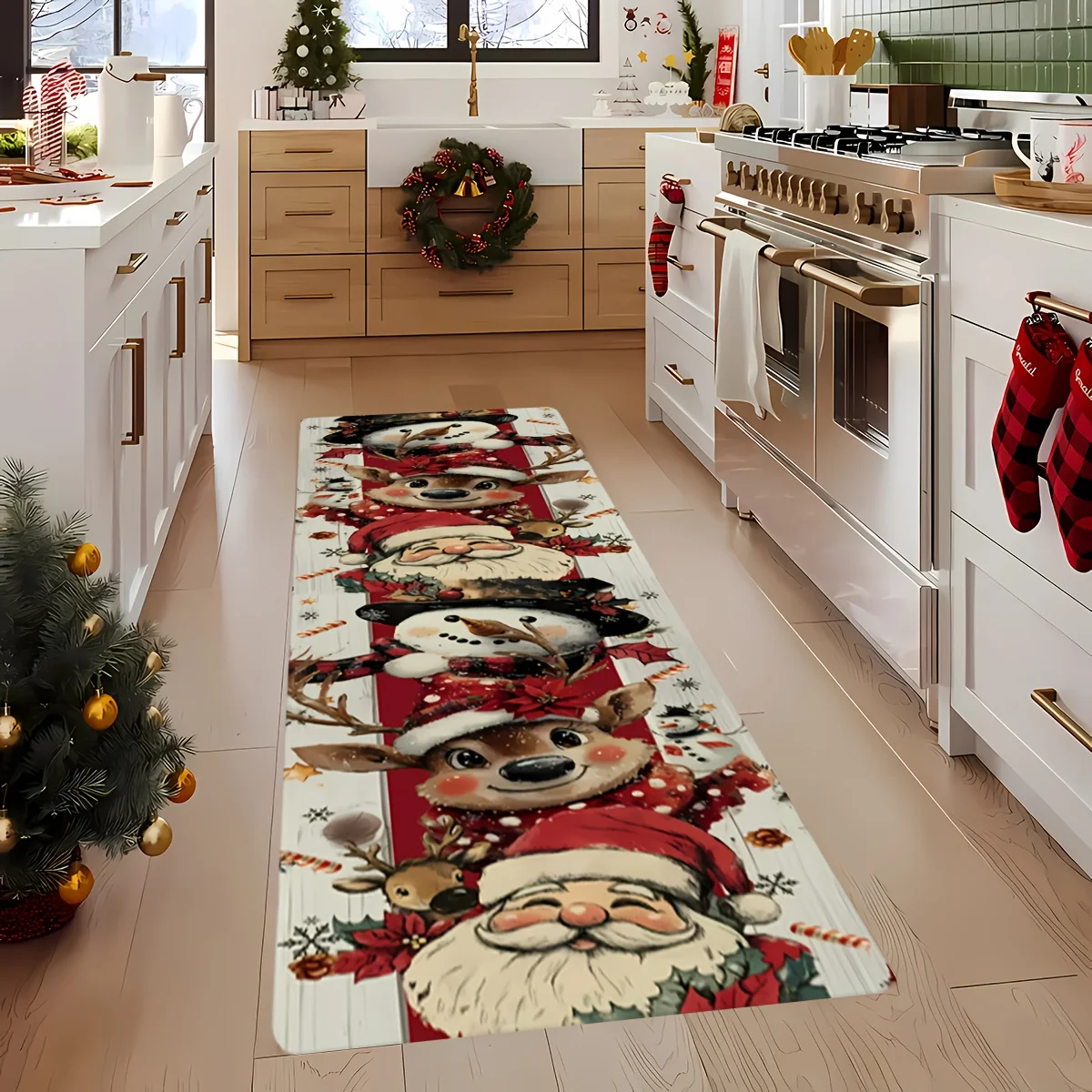 Extra-Long Red & Golden Christmas Runner Mat Long Christmas Runner Rugs Washable Balcony Carpet Home Decor Floor Mat for Hallway