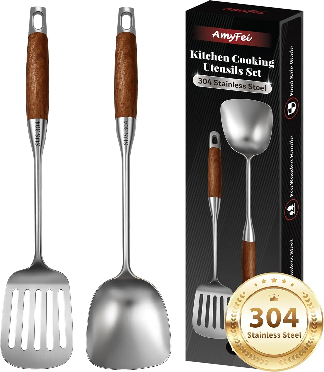 

2-Piece 304 Stainless Steel Wok Spatula Set with Wooden Handle, Non-Stick, Heat Resistant Kitchen Utensils