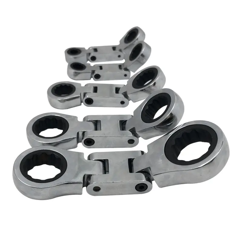 5pcs SAE Dual Flex Head Ratcheting Wrench Set, Double Box End, Flex-Head, Stubby SAE Combination Wrench Set