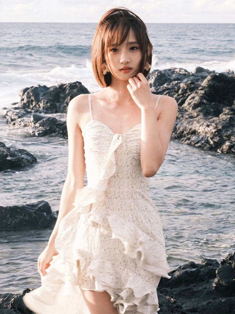 Summer Tea Break Floral Print Strapl Dr Beach Vaion Long Skirt Women's High Waist V-ne A-line Gown Irregular Hemline