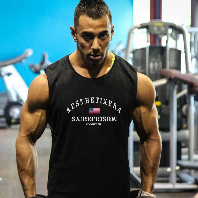 Summer Cotton Sleeveless Breathable T-shirt Mens Fitness Workout Muscle Casual Vests Gym Bodybuilding Sport Stringer Tank Tops