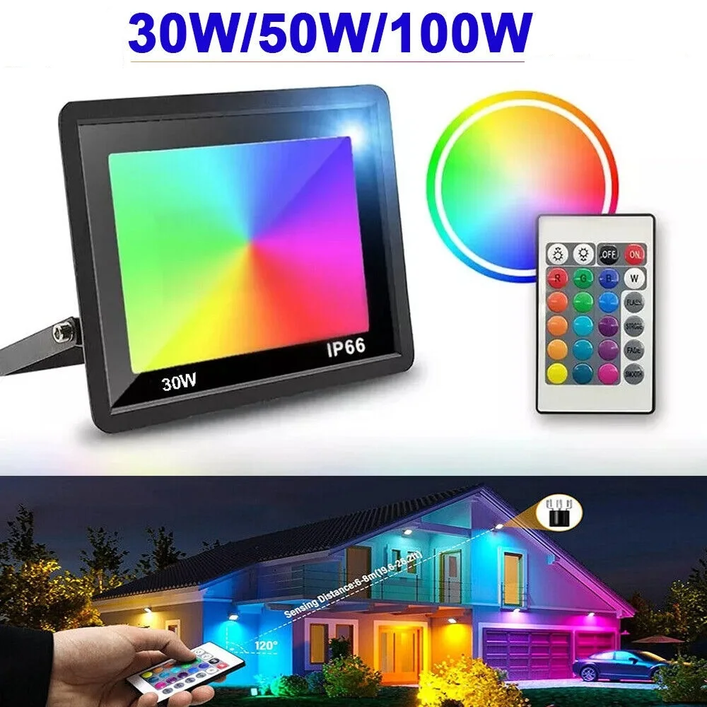 RGB LED Flutlicht 10W/30W/50W/100W IP65 Wasserdichter Außenstrahler mit Farbwechsel für Garten, Party, Bühne und Gebäude