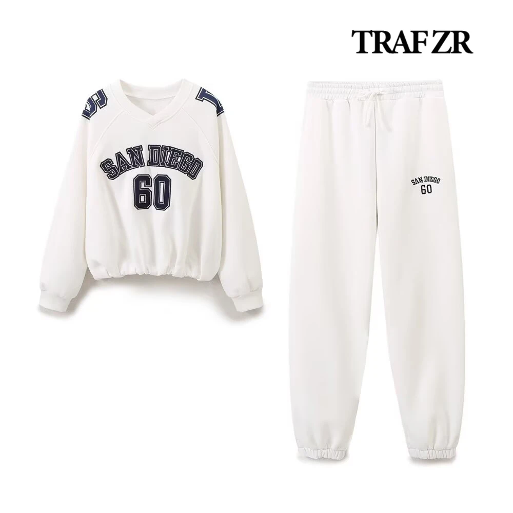 TRAF ZR Varsity Plush Pants Set COTTON Femme Ensemble 2piece Set V-neck Embroidered Text Sweatshirt Elastic Balloon Hemline