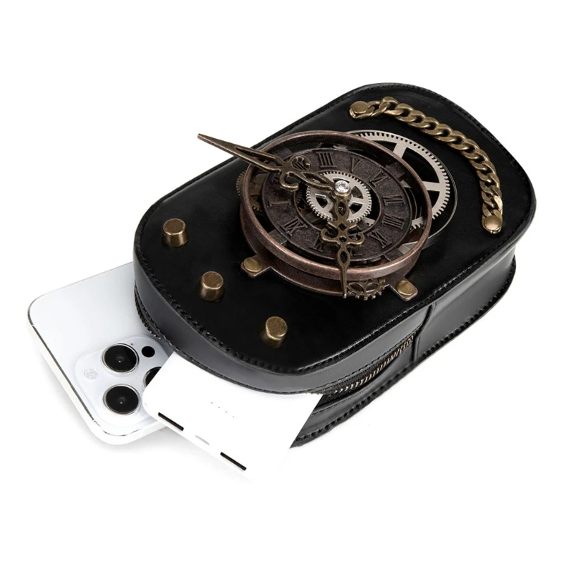 

652F Gothic Steampunk Leather Crossbody Bag for Women Small Shoulder Handbag with Adjustable Strap for Travel and Daily Use