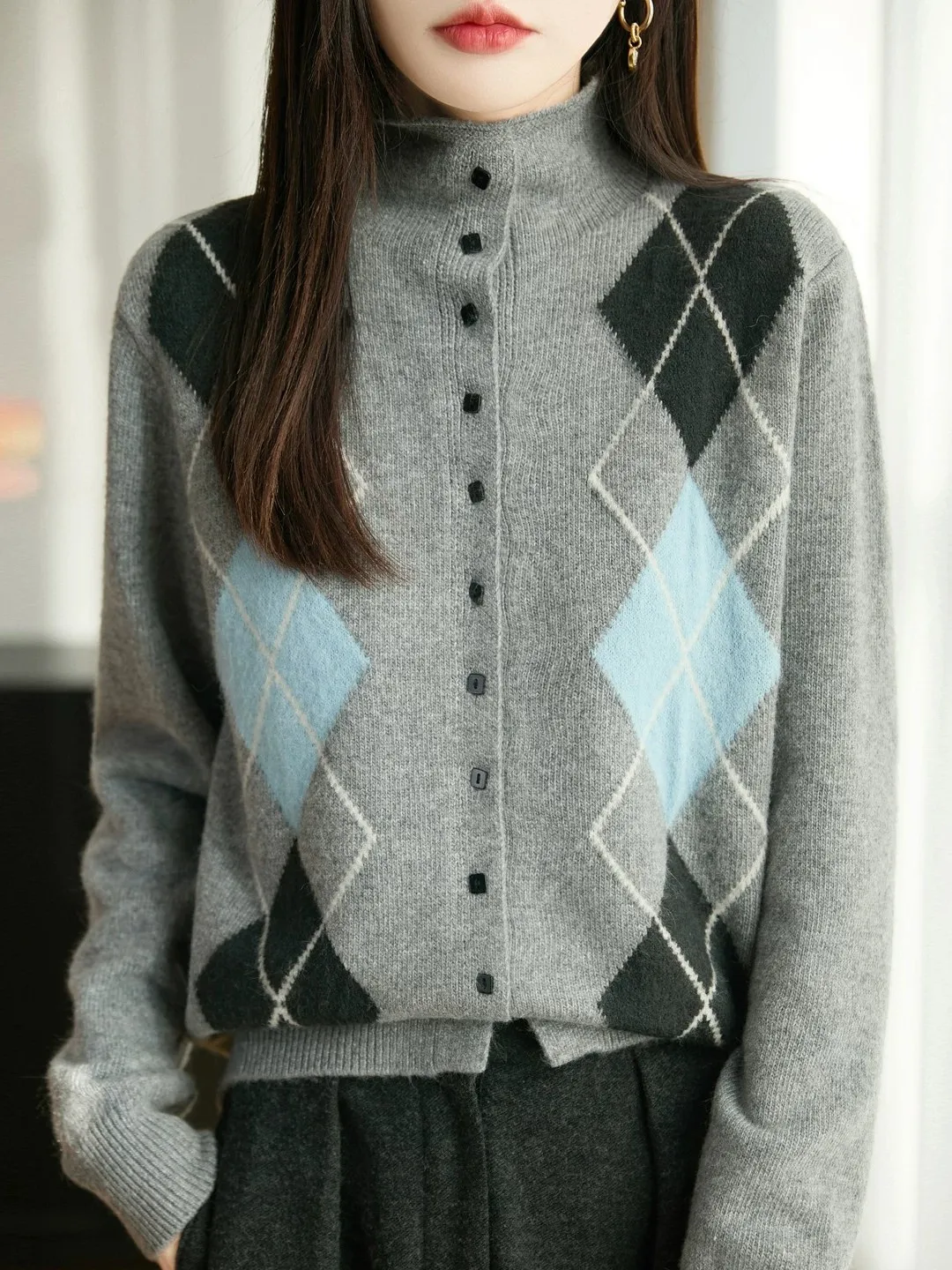 Warm Slimming Half High Neck Knitted Cardigan Women's Base Shirt Casual Loose Fit Long Sleeve Polyester Fiber Aesthetic Pattern