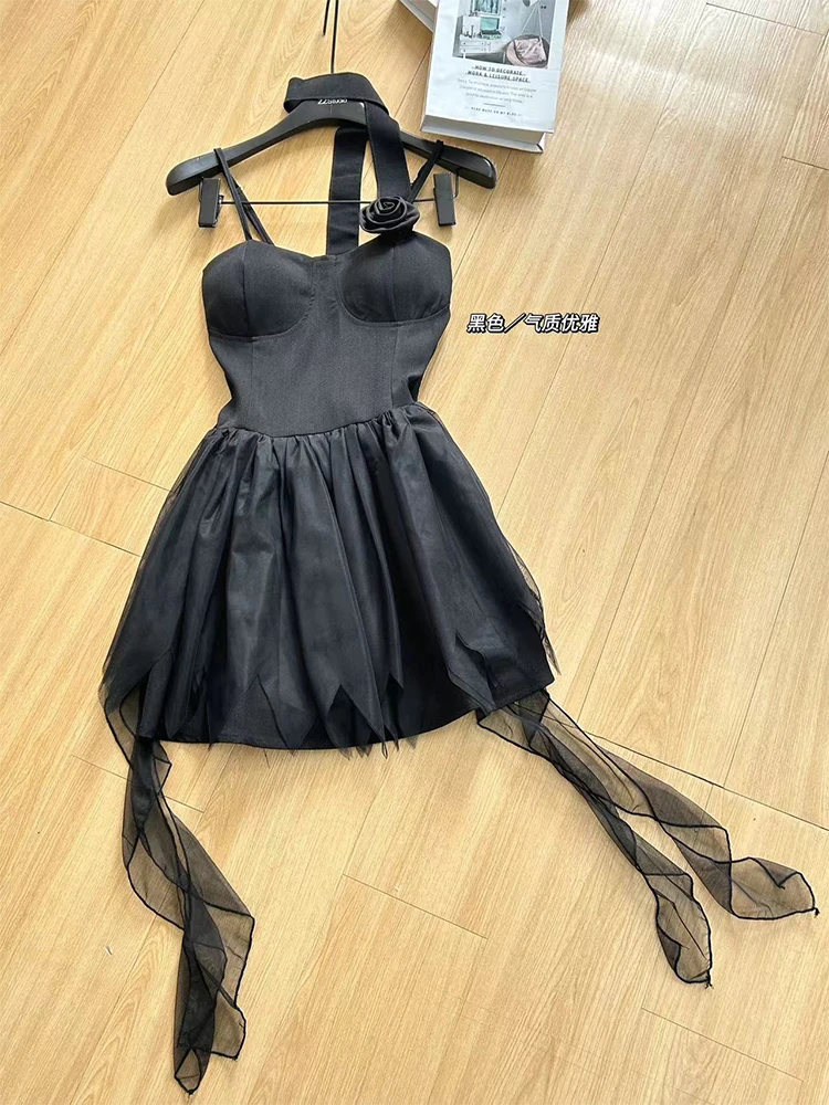 Summer Women Ballet Core Prom Gown Spaghetti Strap Mesh Patchwork Dress Frocks French Vintage Evening Black One-Piece Party