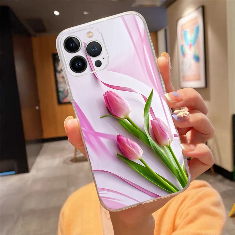 

Phone Case For iphone 17 Pro Max Air 17 16 15 14 13 Pro Max 15 16 Pro 15Plus Tulips flower Spring field Red pink purple