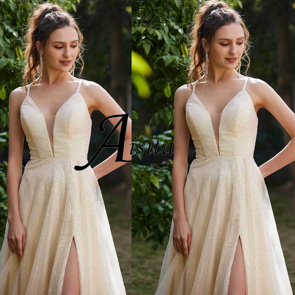 Modern V Neck A-LINE Bride Dress Sleeveless Sequin High Slit customized Back Zipper Wedding Dresses Crisscross Back Long Wedding