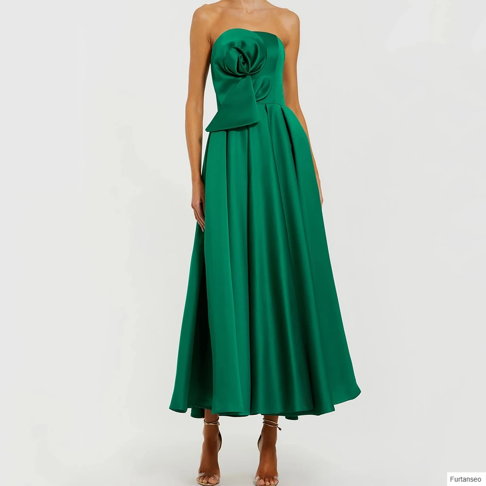 

Customized A-line Evening Dresses Tea-length Strapless Sleeveless Prom Gown Fashion Flowers Simple Draped Backless Party Gown
