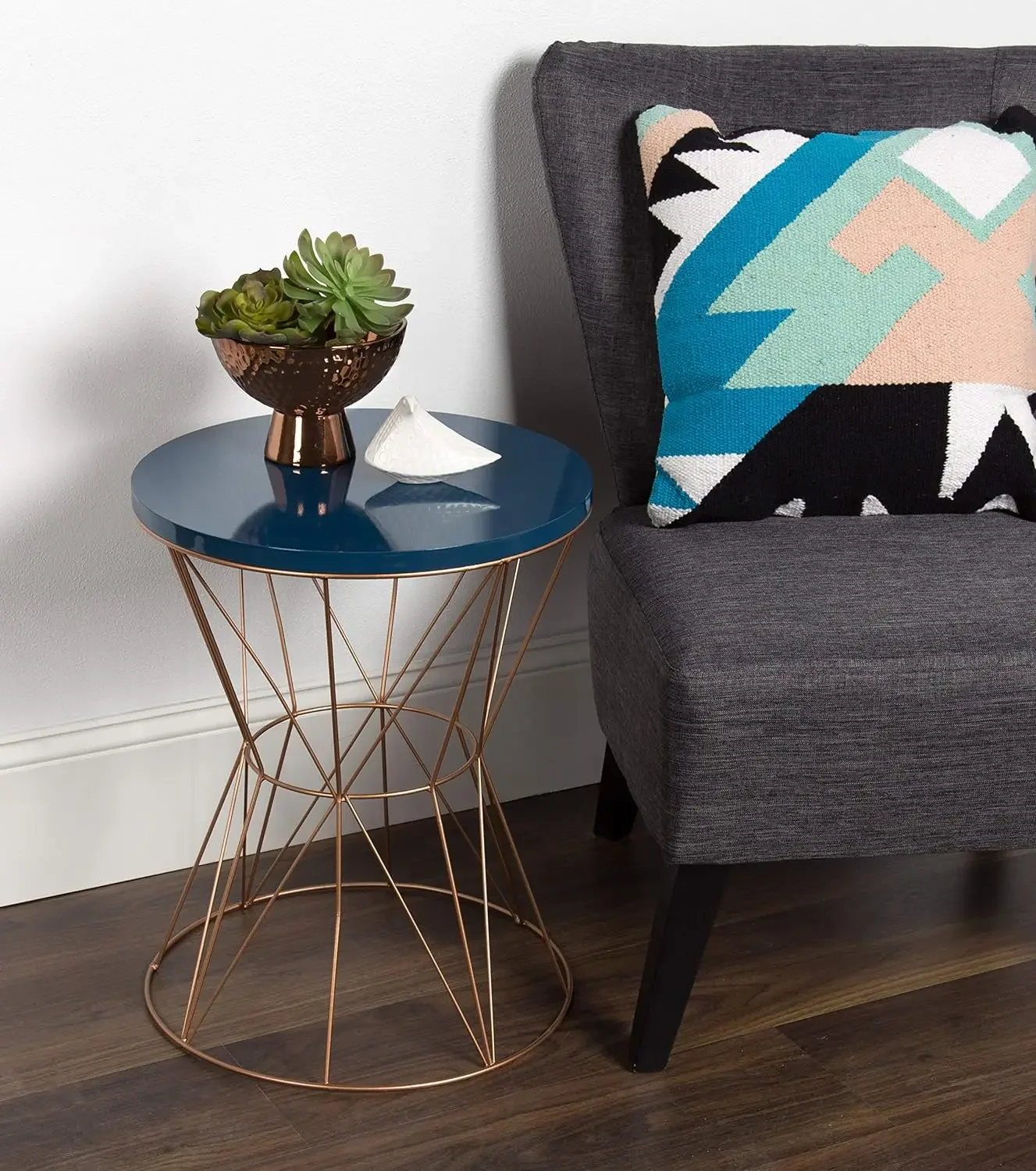 Kate and Laurel Mendel Round Metal End Table, Blue Top with Rose Gold Base