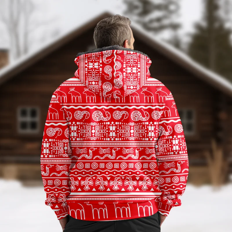 Christmas Cotton Coat Hooded Sweater Casual Print Men's Fur Loop Arctic Velvet Zipper Patch Pocket Hooded Sweater a09