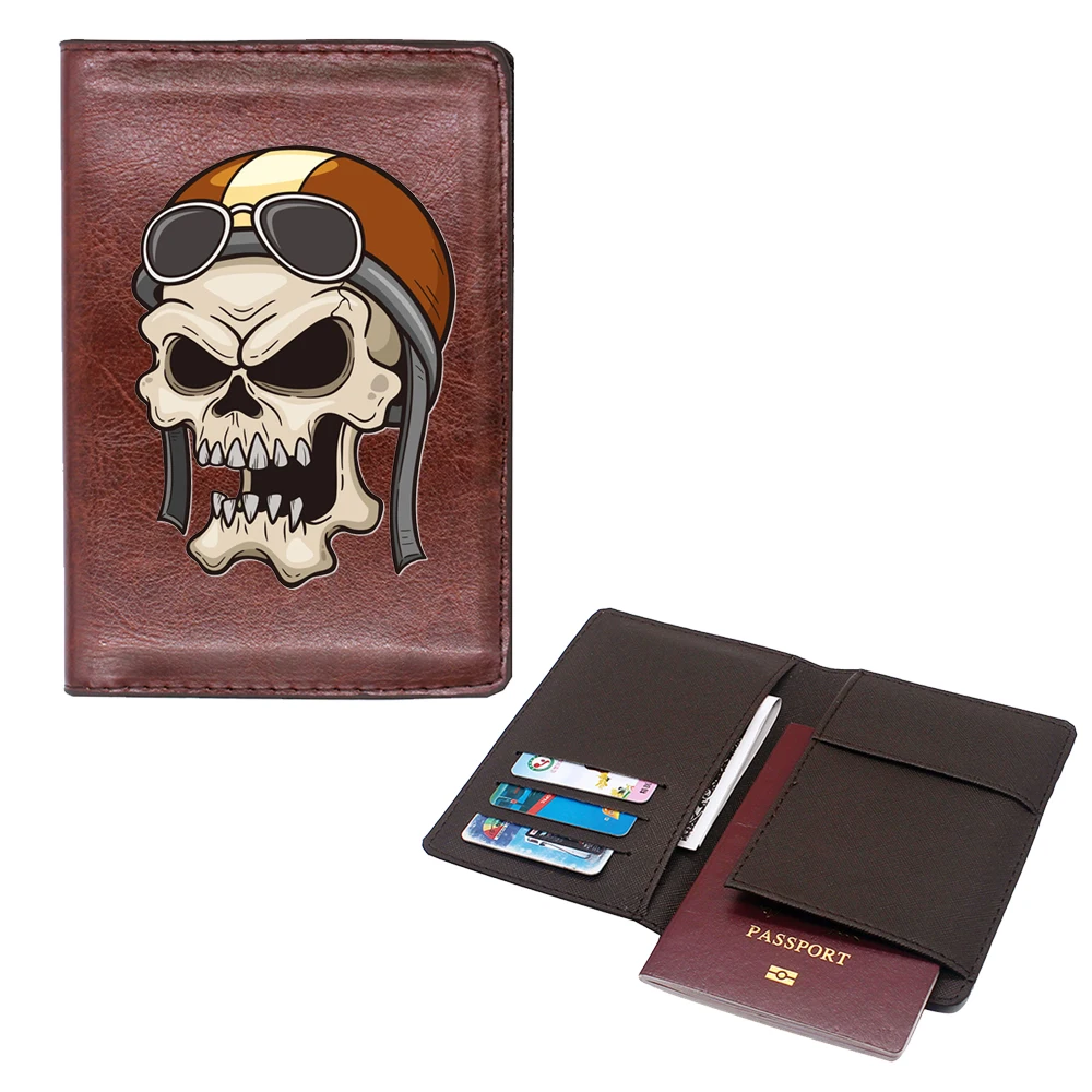 

New Arrival skull wearing helmet Passport Cover Men Women Leather Slim ID Card Travel Holder Pocket Wallet Purse Money Case