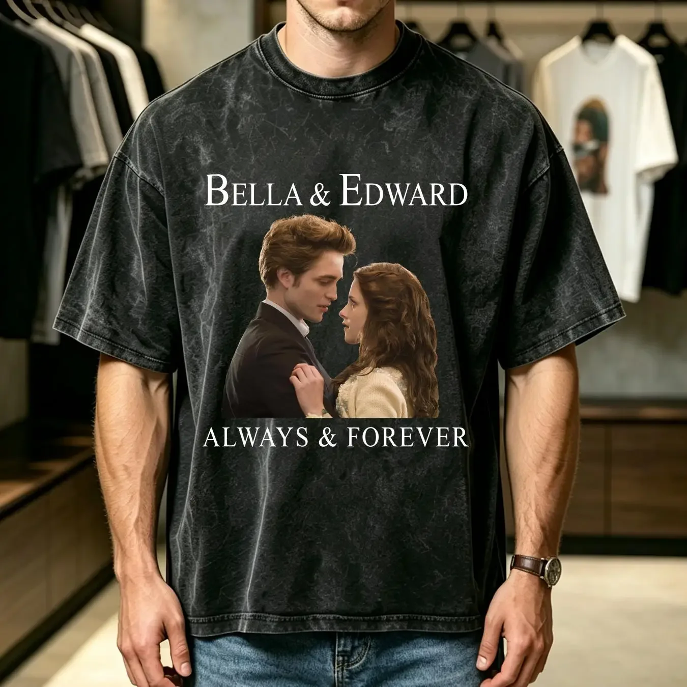 washed T Shirt Bella Edward Always and Forever Y2K 2000S 00s long or short sleeves vintage Washed homme Casual Slightly