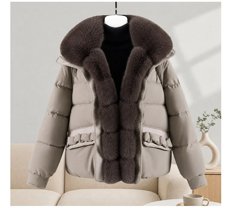 Winter New Solid Color Fur Collar Splicing Short Down Cotton Jacket Women's Thickened Long-sleeved Fashionable Versatile Coat