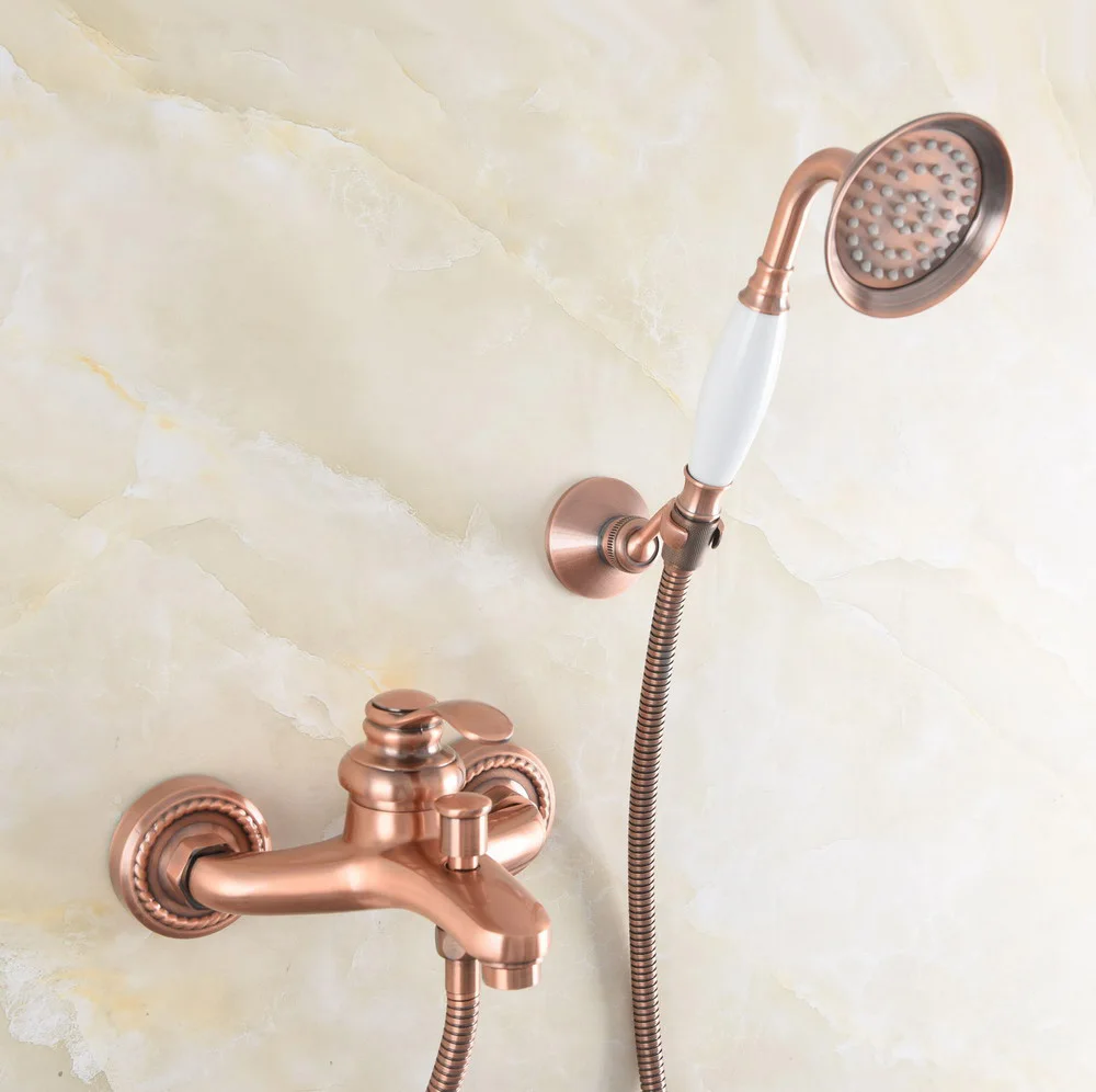 Antique Red Copper Brass Wall Mounted Bathroom Hand Held Shower Head Faucet Set Tub Mixer Tap Single Handle Lever mtf262