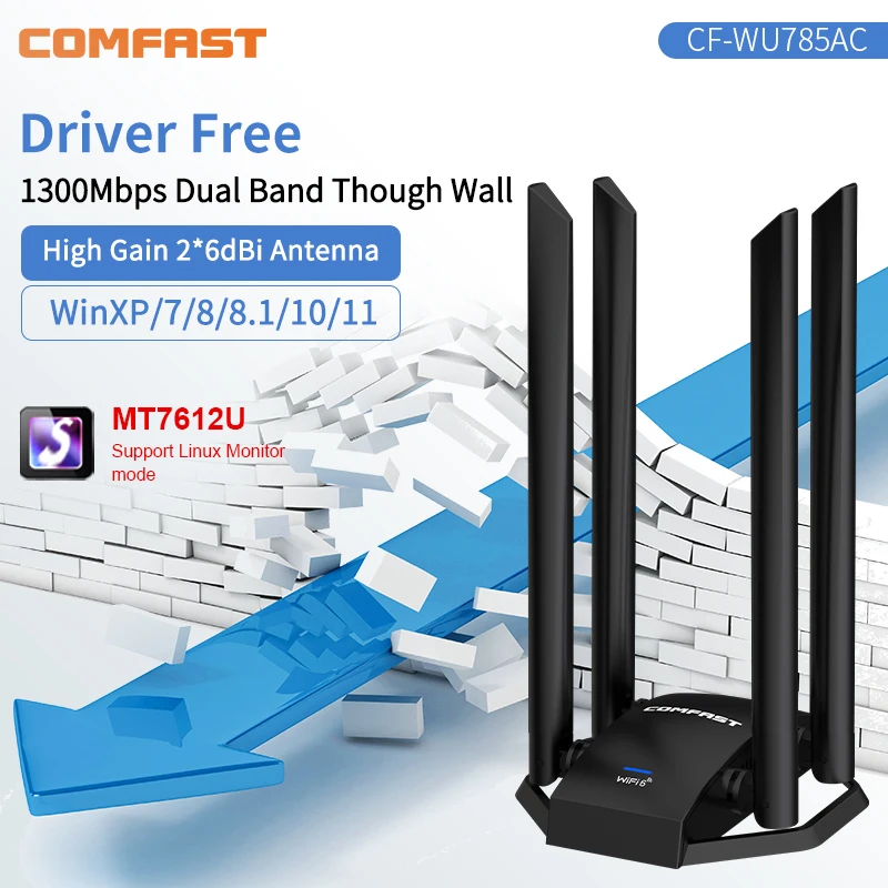 Imagem -02 - Comfast Adaptador Wi-fi sem Fio Placa de Rede Usb Alto Ganho 6dbi Antena Desktop Linux 1300mbps 2.4g e 5ghz