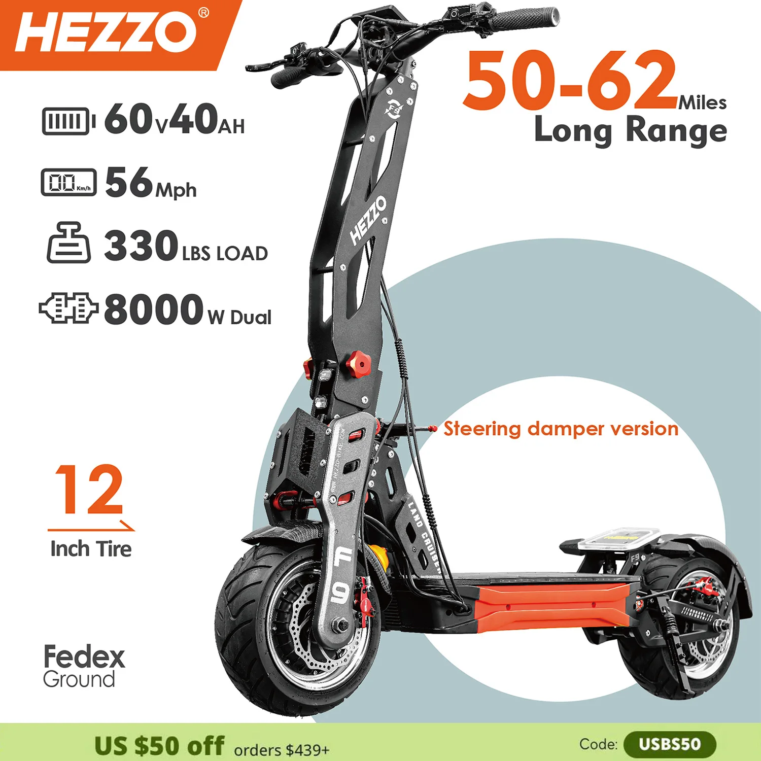 HEZZO-patinete eléctrico F9 de 60v y 8000w, batería de litio de 40ah, Motor Dual, almacén de EE. UU., Escooter todoterreno NFC, neumático ancho de 12 pulgadas, LCD de 62,5 MPH