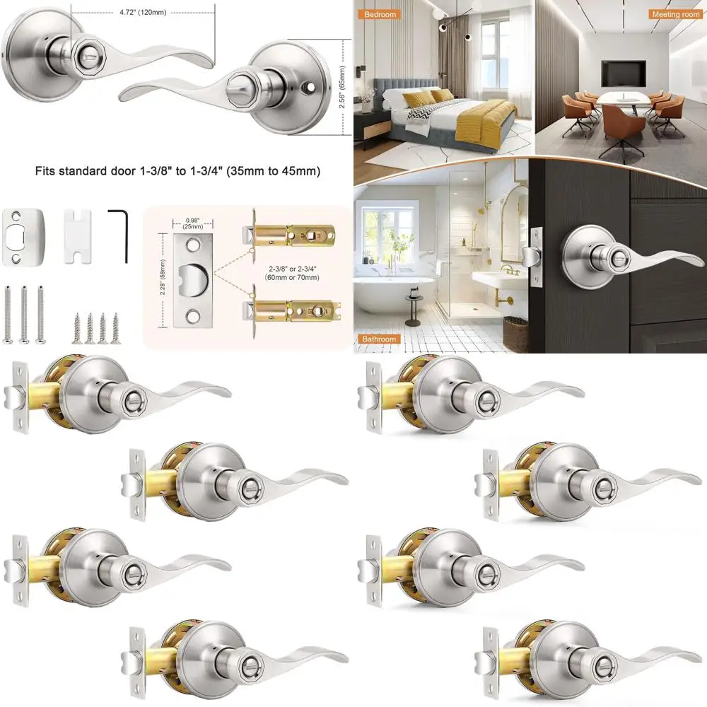 4-Pack Satin Nickel Wave Style Privacy Bedroom Door Levers with Keyed Lock