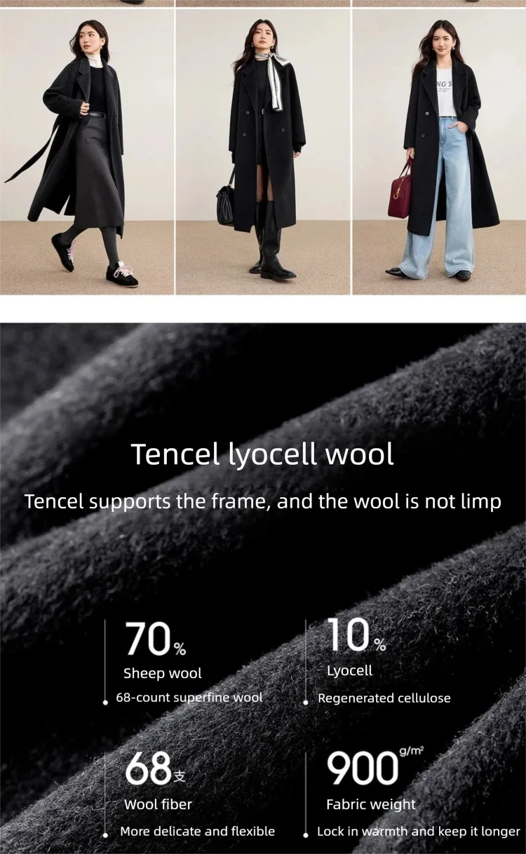 SENTUBILA Damen-Wintermantel aus Wolle mit Doppelreiher, Damen-Oberbekleidung 2026, Business-Mantel für Pendler, mittellanger Mantel mit Gürtel W54OA8781 – Detail 18
