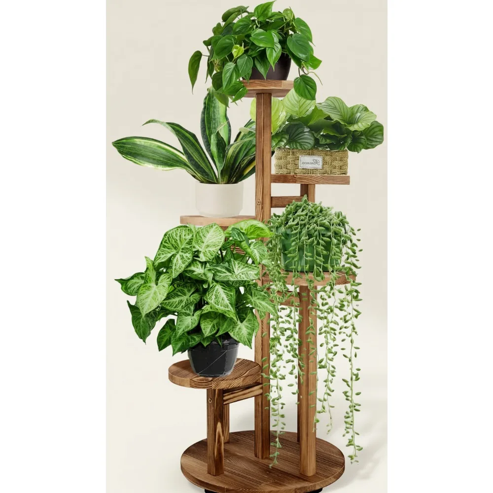 

5-уровневая деревянная подставка для растений с колесиками, внутренняя угловая полка для гостиной, балкона, сада