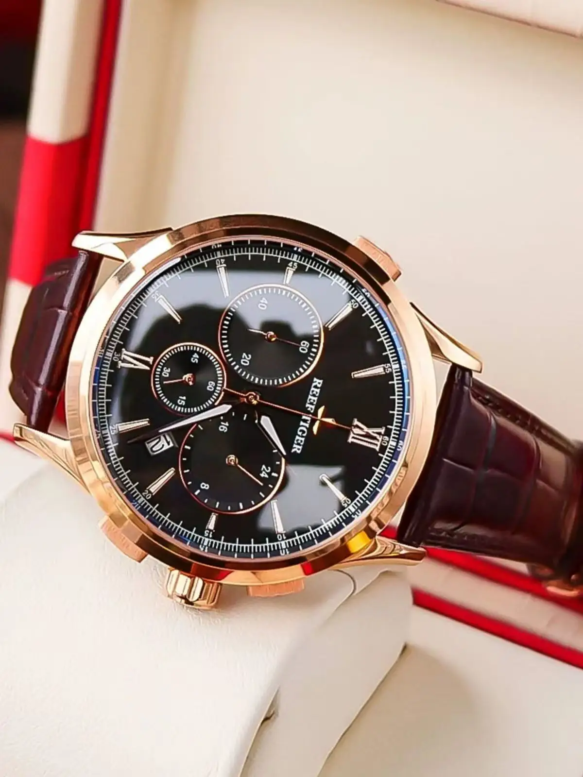 ساعات ميكانيكية أوتوماتيكية بالكامل للرجال من ماركة ريف تايجر، ساعات رجال الأعمال، وات رياضي رجالي مخصص وعصري